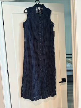 NWT Chico's Navy Eyelet Midi Shirt Dress with Slip